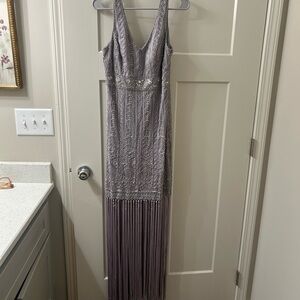 Sue Wong Gray Pleated Maxi Gown with Plunge Neckline